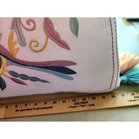 THROW PILLOW-COASTAL HOME-Embroidery-Birds-Folk Design-Tassles-Large-17" x 17" - Picture 14 of 14